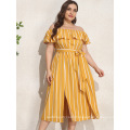 Bright color striped off shoulder print straight dress plus size long tight maxi plus size  dress stripes with waist belt